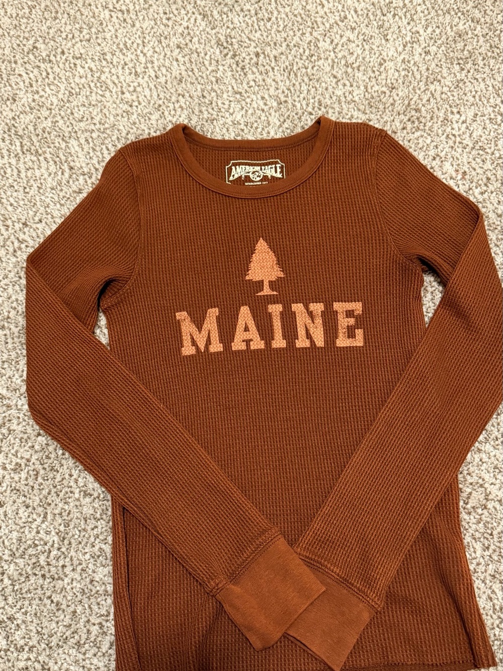 American Age rust waffle-knit long sleeve top with MAINE graphic
